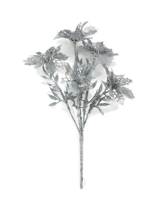 5 Head Glittered Poinsettia - Silver