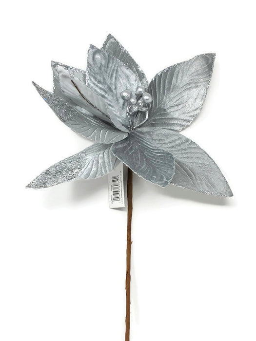 Luxury Sparkling Poinsettia Pick x 65cm - Silver
