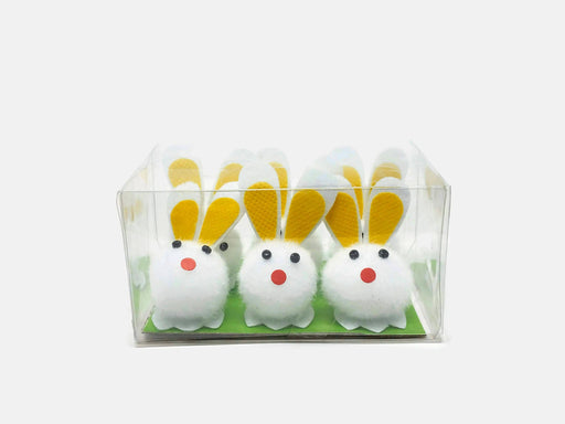 6 White Pom Pom Bunnies x 5cm - Yellow Ears
