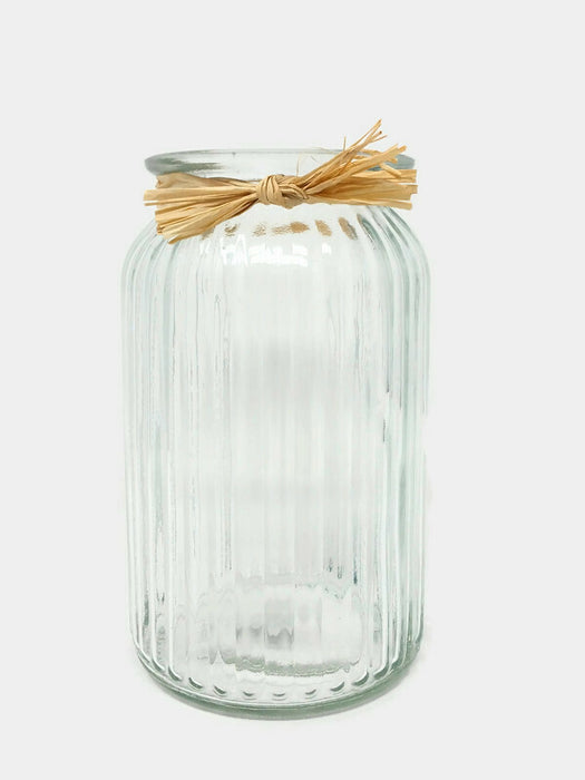 Ribbed Glass Vase with Raffia 18 x 11cm