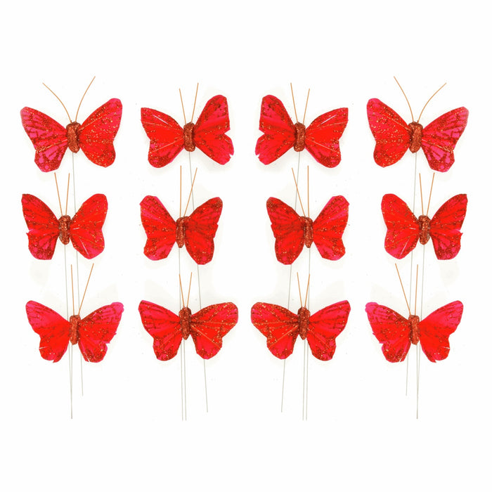 12 Red Glitter Wired Butterflies x 5cm - Red