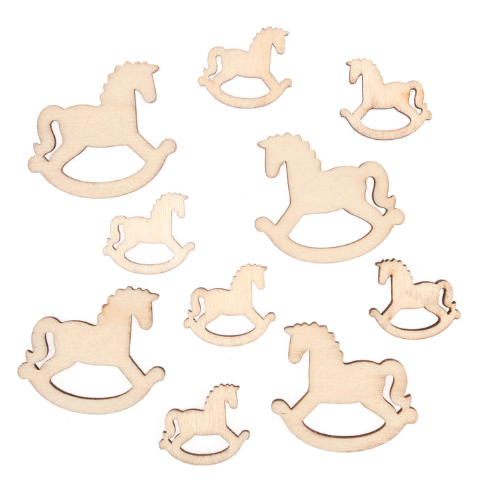 Natural Craft Embellishment - Assorted Size Wooden Rocking Horse x 10