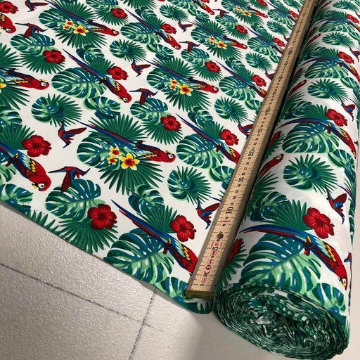 White 1 Metre 100% Cotton Poplin Tropical Flower and Parrot Fabric x 112cm / 44"