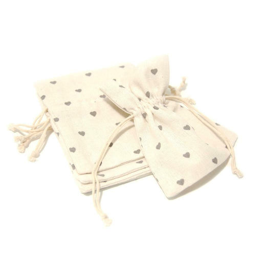 5 Ivory With Grey Hearts Cotton Bags - Size 10x14 cm