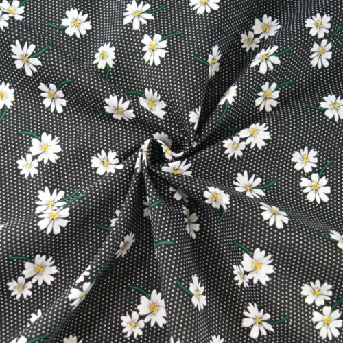 1 Metre Daisy Polycotton on Polkadot Black Background Fabric 112cm Width