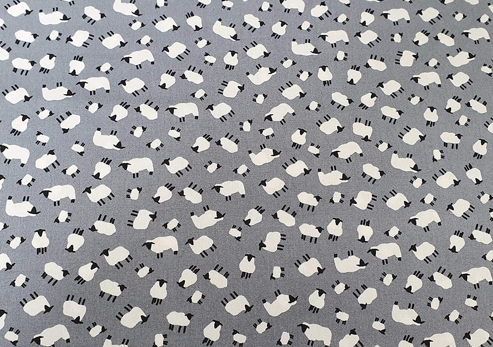 1M 100% Cotton Poplin Sheep on Silver Grey Width: 110cm (45 inches)