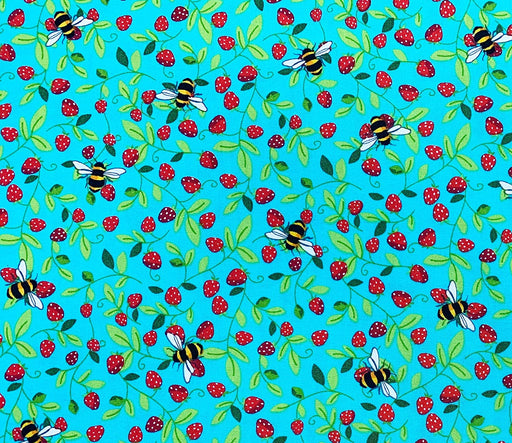 1 Metre Strawberries and Bees on Blue 100% Cotton Poplin Fabric x 110cm