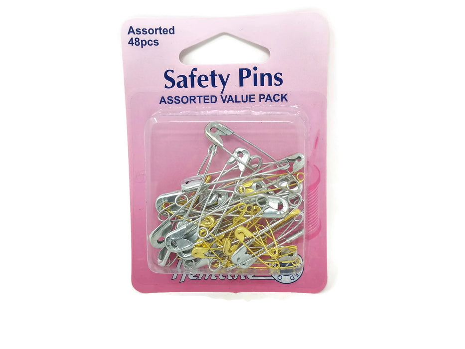 Silver & Gold Safety Pins Value Pack x Assorted Sizes - 48pcs