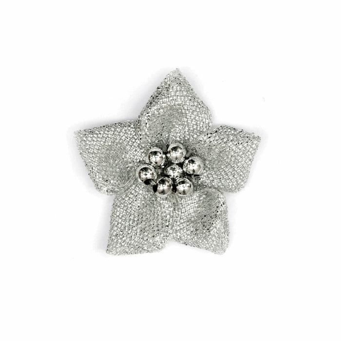 20 Mini Satin Flower Bows With Pearl Center x 3cm - Silver