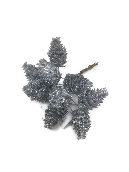 10 piece Mini Glitter Pinecone Wire Pick Bundle x 14cm - Silver