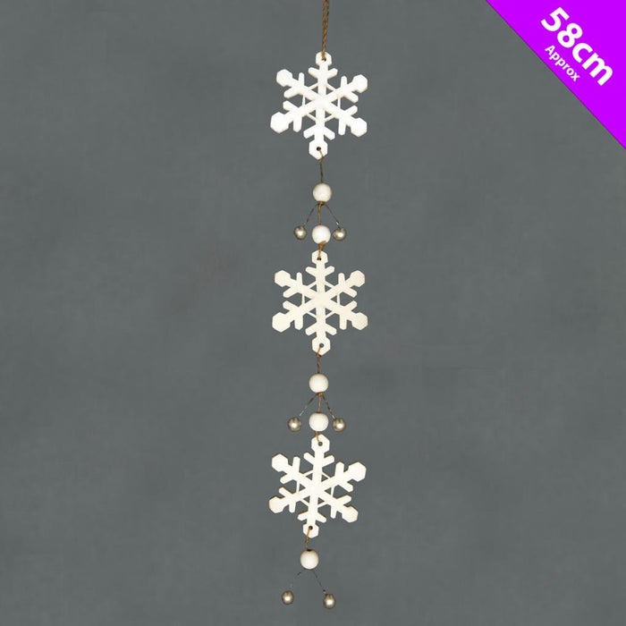 White Wooden Snowflake & Bead Hanger x 58cm