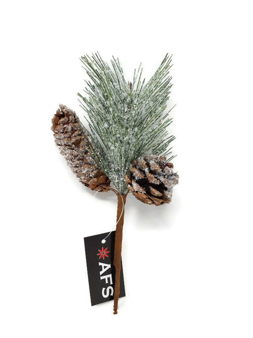 Snowy Giltter Pine & Cone Pick x 20cm