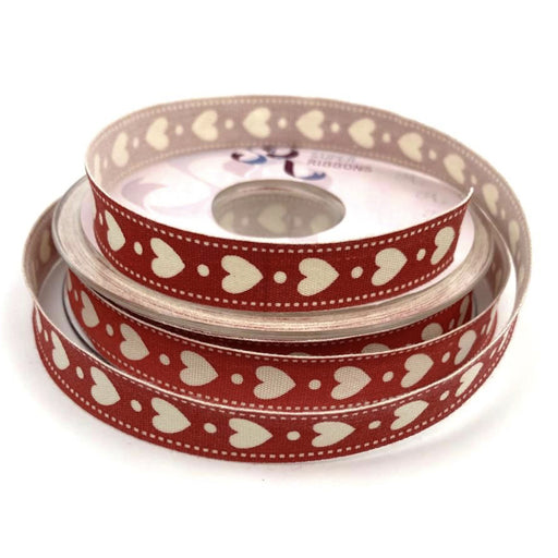 Red & Cream Heart Ribbon - 16mm x 20m