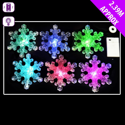 6 Snowflake Multi Coloured Lights x 2.39m - Battery Operated LED