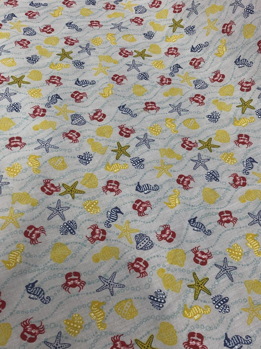 Polycotton Sea Animals Crab, Sea Horse, Star Fish Fabric , Blue, Yellow, Red - 45" Width EPSE