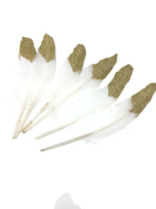 6 Half Glitter Dipped Feathers - Gold