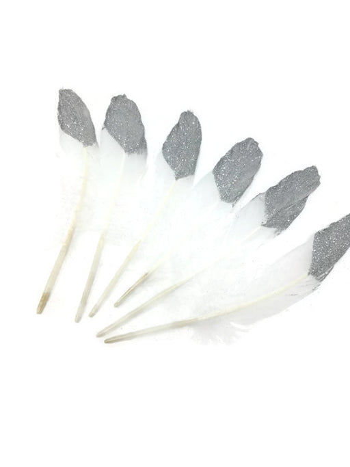6 Half Glitter Dipped Feathers - Silver
