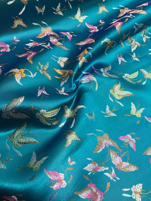 1 Metre Kingfisher Blue Butterfly Chinese Brocade Fabric 36" Width / 91.5cm T150