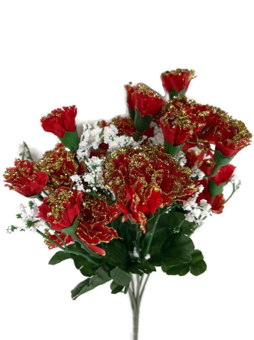 Mixed Head  Glittered Carnation Bush x 33cm - Red