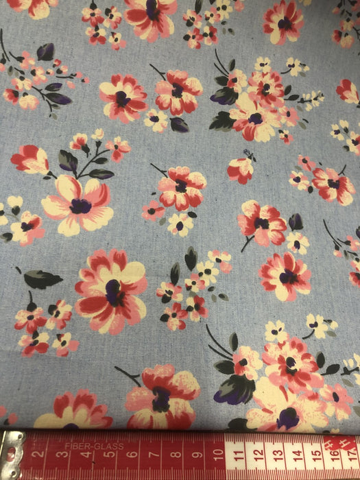 1 metre Light Denim 100% Cotton Fabric 147cm Width with Flowers T171