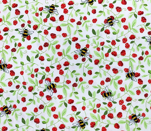 1 Metre Strawberries and Bees on Ivory 100% Cotton Poplin Fabric x 110cm