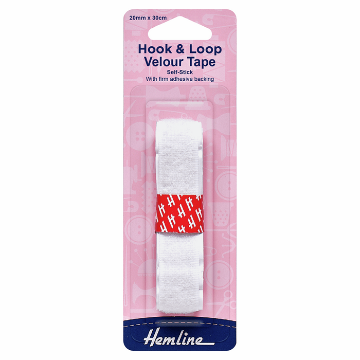 Velour Hook & Loop Tape: Stick-On- 30cm x 20mm - White