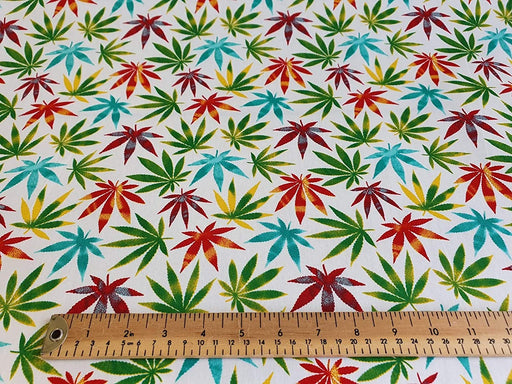 100% Cotton Multi Colour Rainbow Hemp Leaf Weed Marijuana Design Fabric 110cm Width