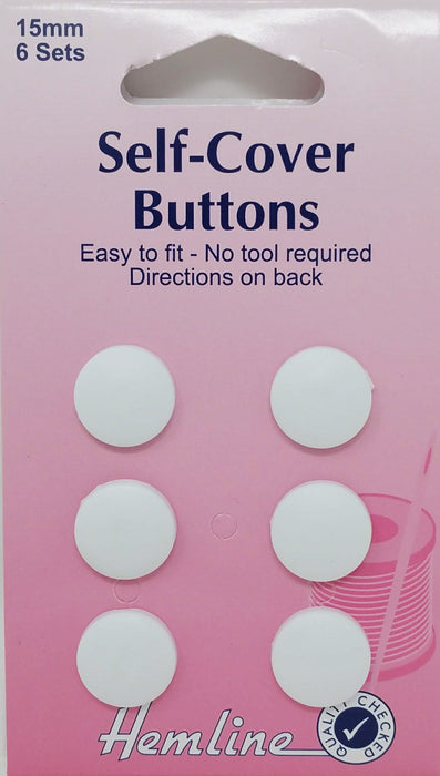 Self Cover Buttons - 6 Buttons x 15mm - Choice of White Nylon or Silver Metal Top