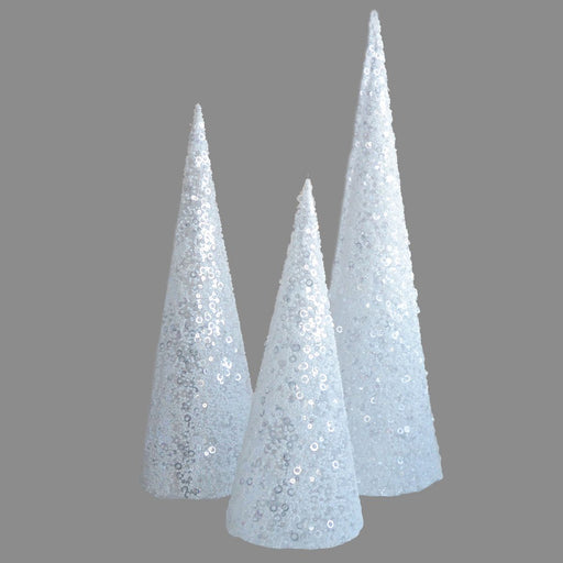 Set of 3 Glitter Deco Cones - Assorted Size - White