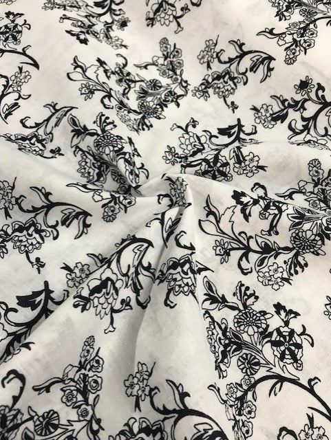 Modern White & Black Floral 100% Cotton Fabric x 150cm / 60"