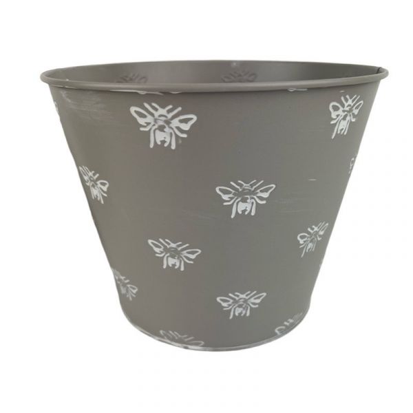 Grey Zinc Pot with Embossed White Wash Bee