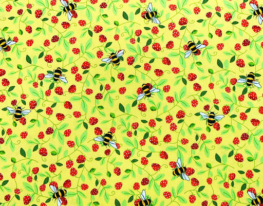 1 Metre Strawberries and Bees on Yellow 100% Cotton Poplin Fabric x 110cm